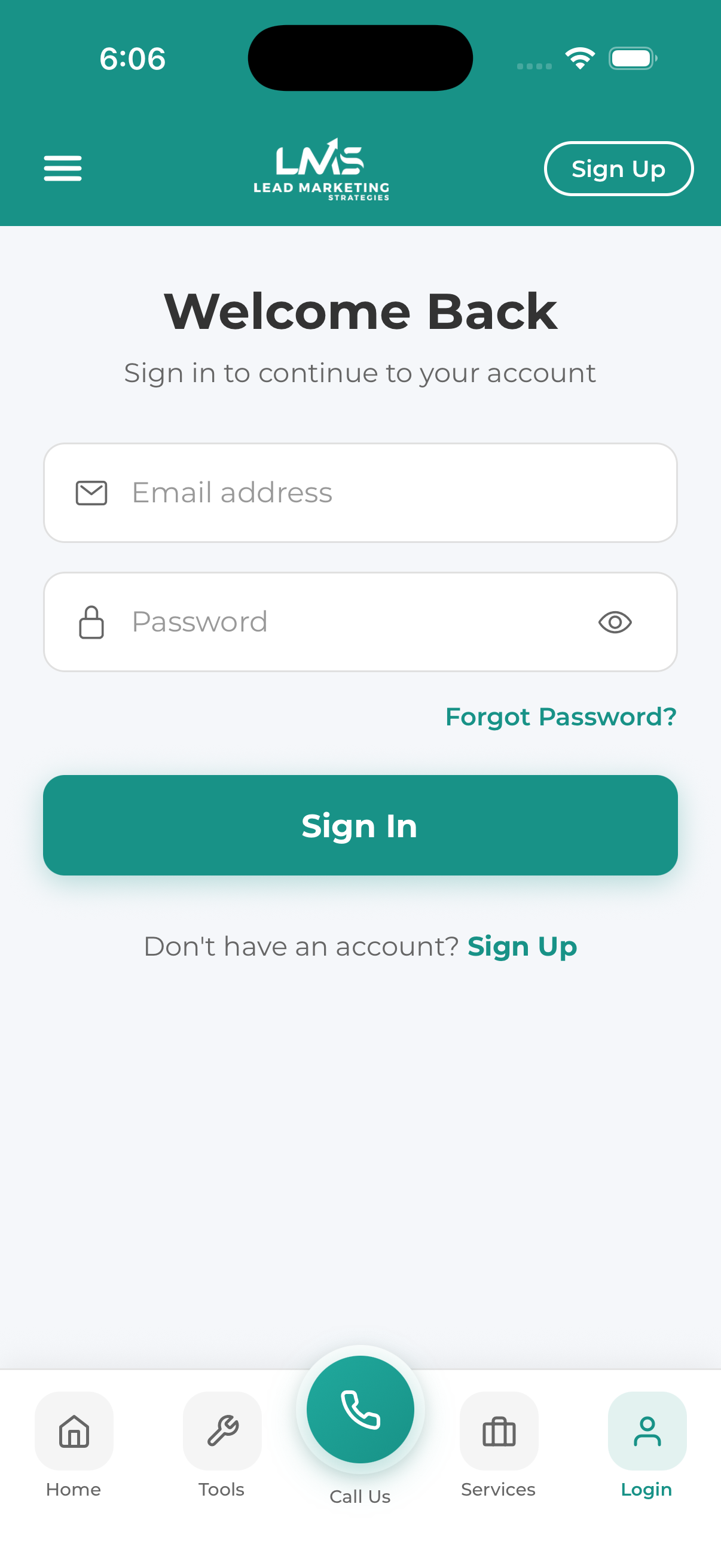 Mobile app login screen
