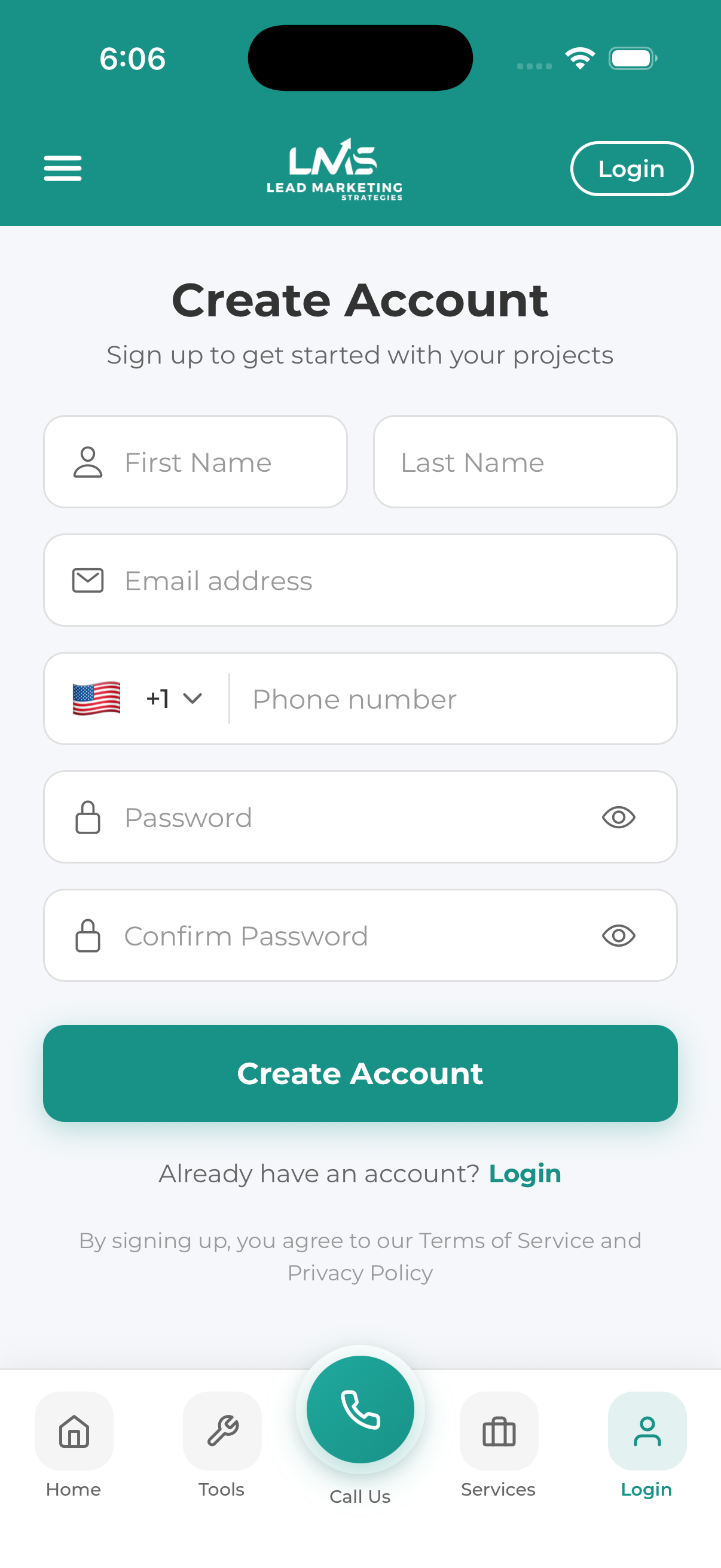 Mobile app sign up screen