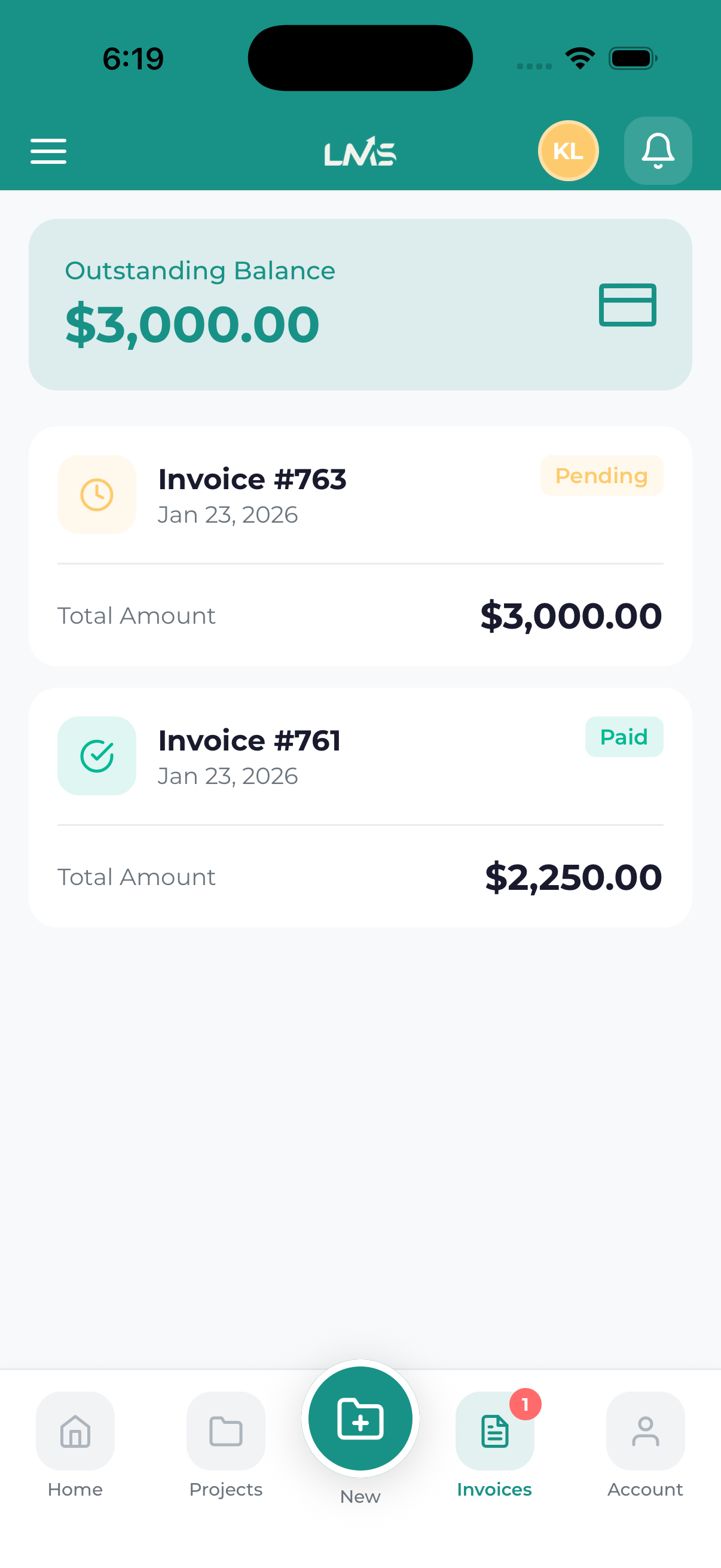 Mobile app invoices list