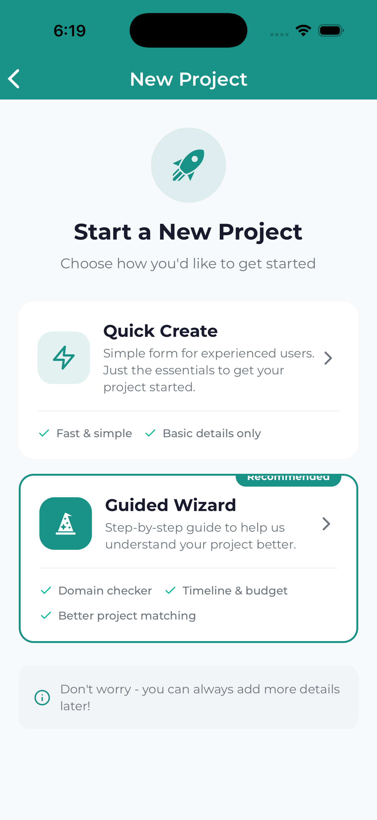 Project wizard interface