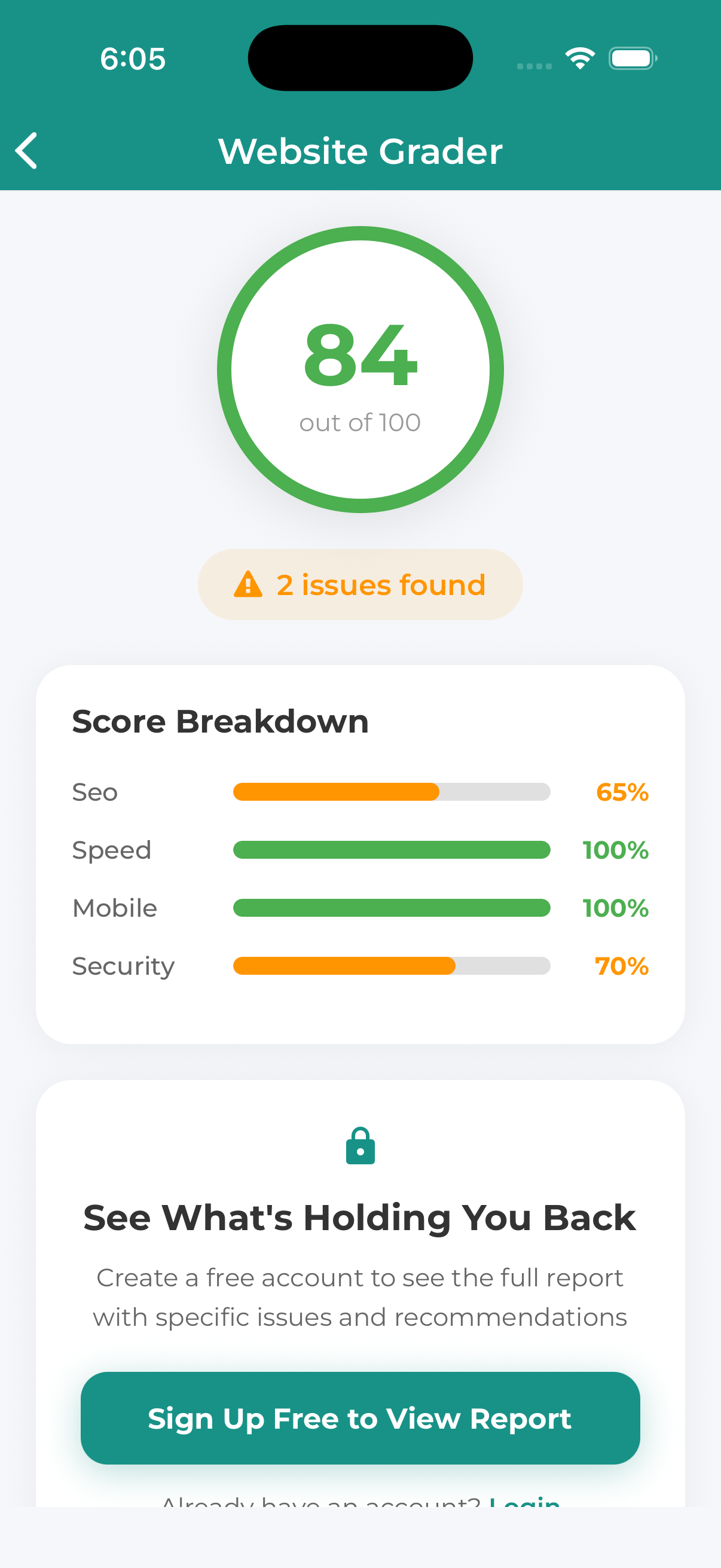 Mobile app website grader results