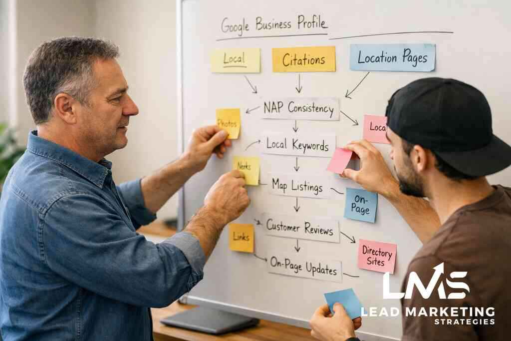 On-page SEO for local businesses including service pages, location pages, and schema markup — Lead Marketing Strategies